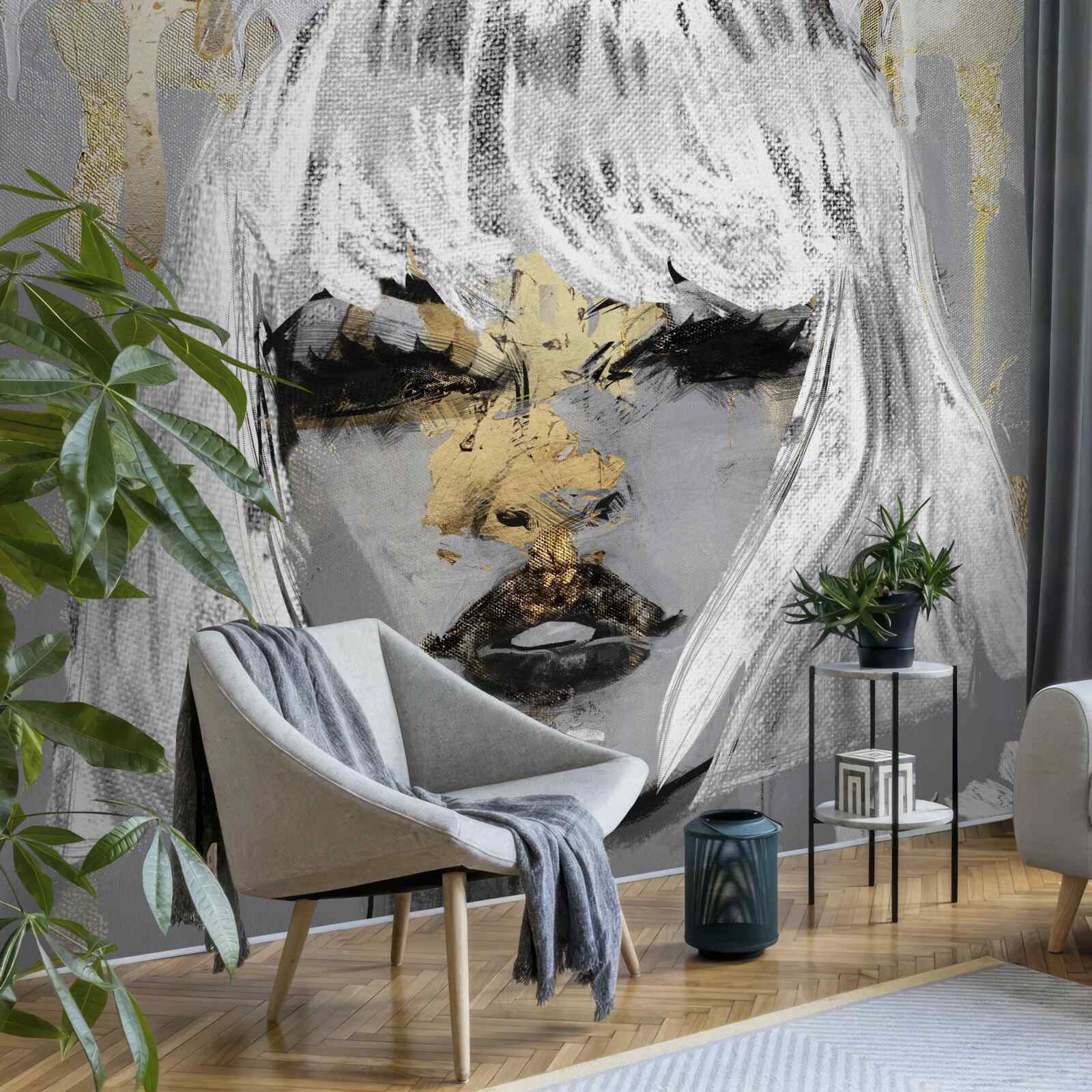 Fototapet imagine a unei fete cu păr alb într-un stil abstract