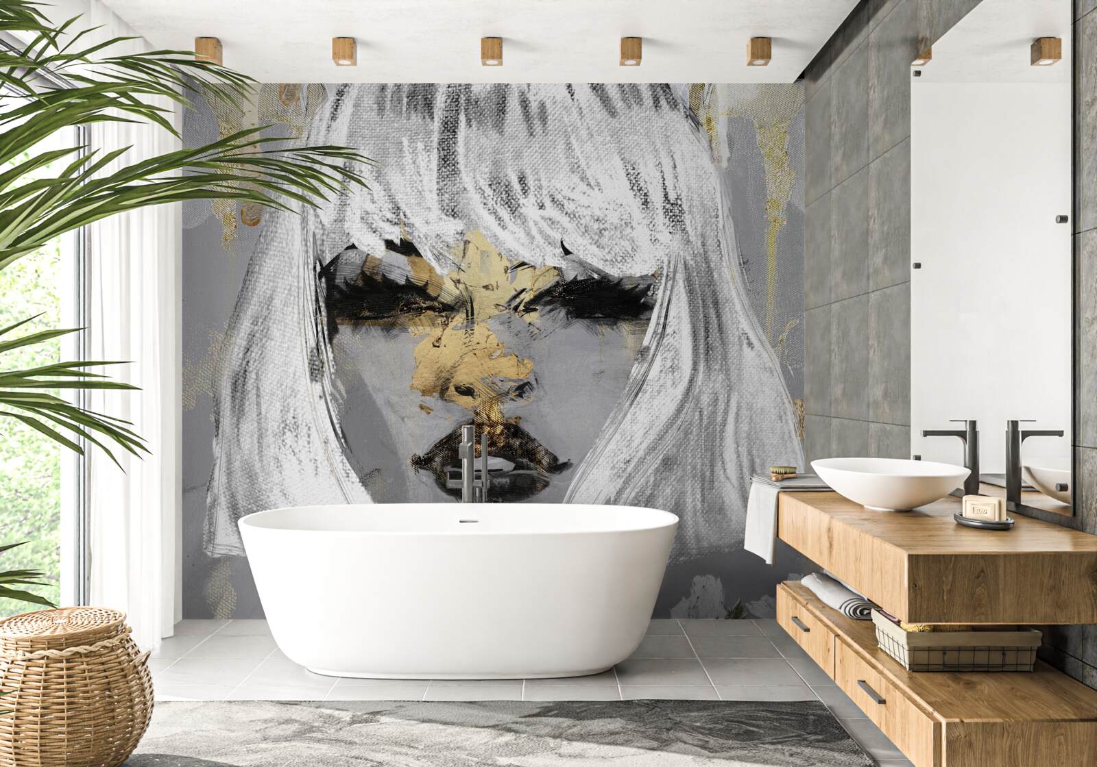 Fototapet imagine a unei fete cu păr alb într-un stil abstract