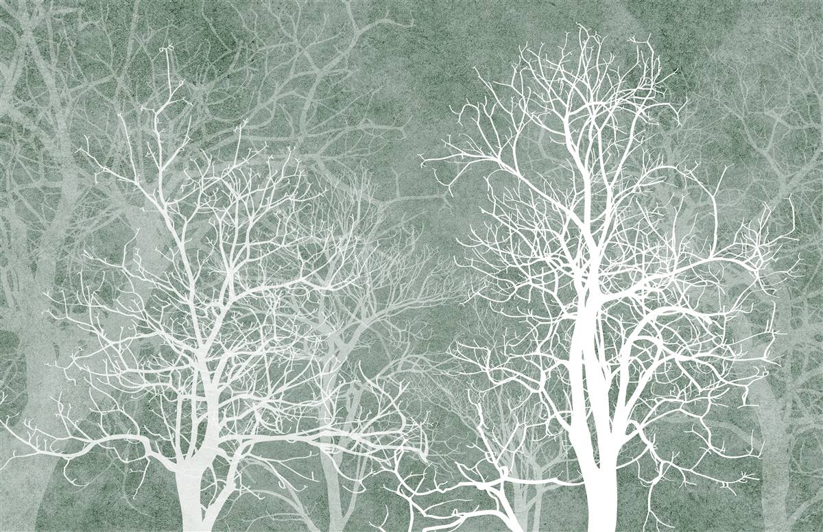 Fototapet copaci într-un decor alb ca zăpada pe cerul nopții