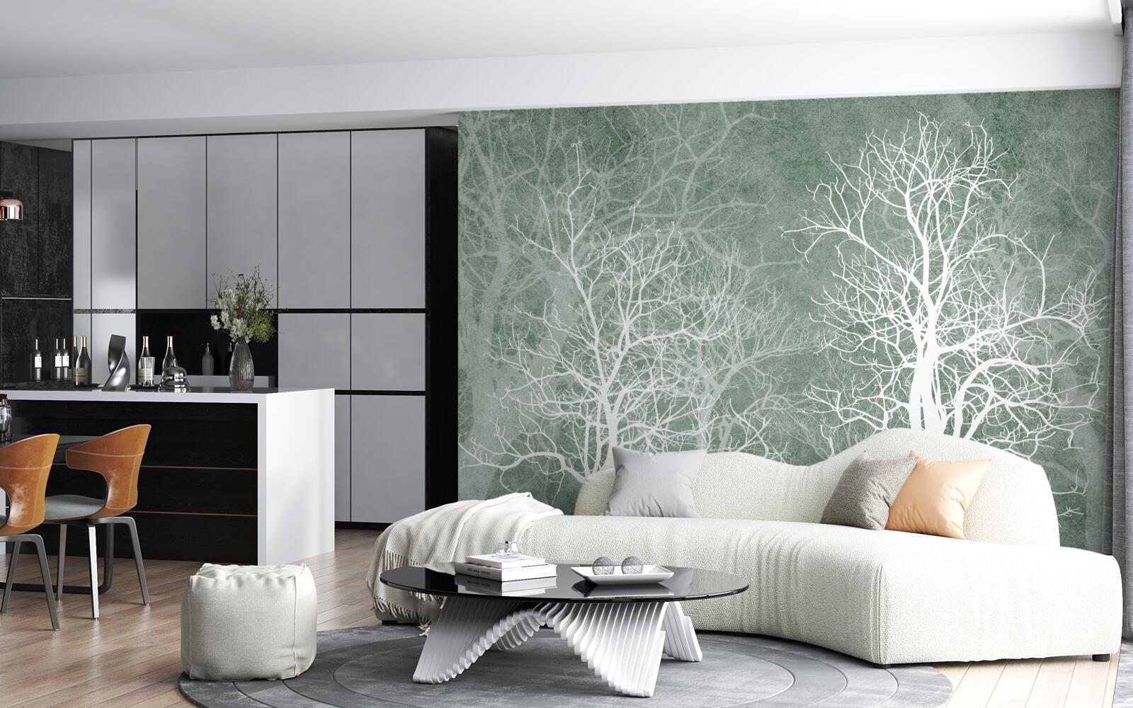 Fototapet copaci într-un decor alb ca zăpada pe cerul nopții