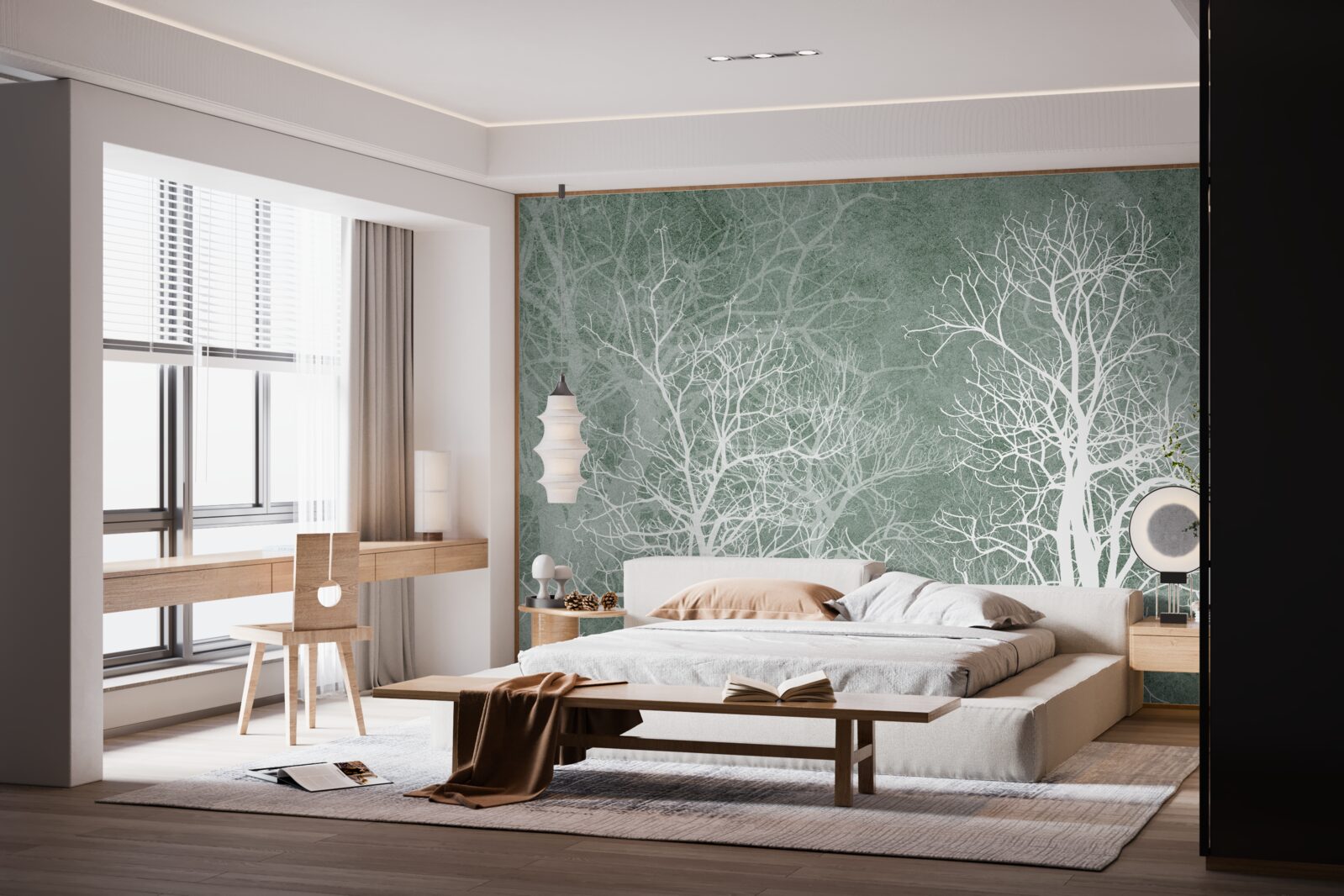 Fototapet copaci într-un decor alb ca zăpada pe cerul nopții