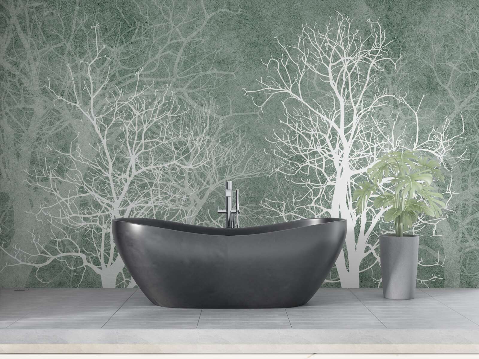 Fototapet copaci într-un decor alb ca zăpada pe cerul nopții