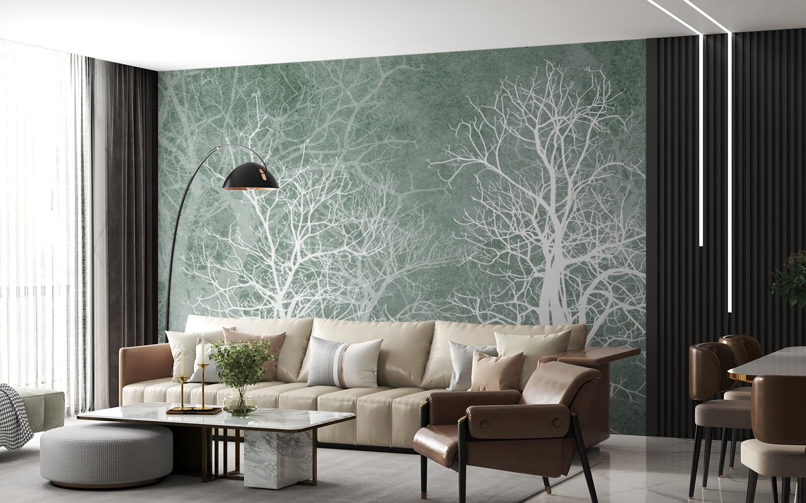 Fototapet copaci într-un decor alb ca zăpada pe cerul nopții