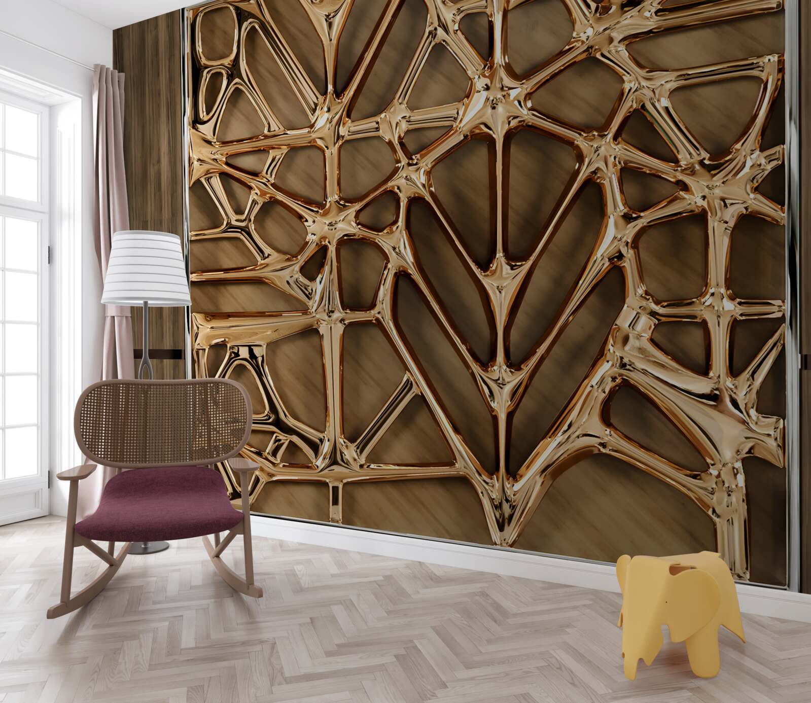 Fototapet linii aurii abstracte pe o suprafață de lemn