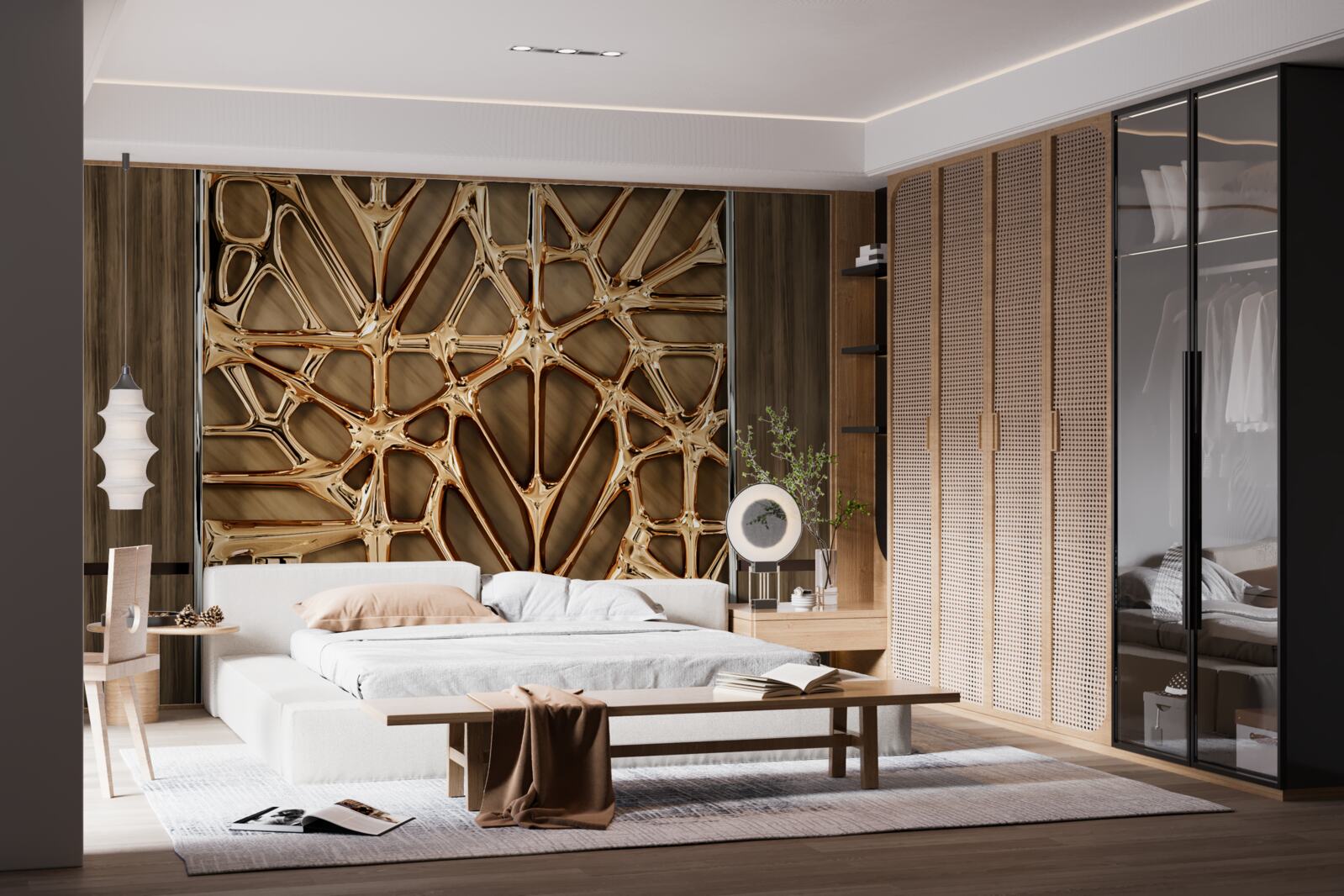 Fototapet linii aurii abstracte pe o suprafață de lemn