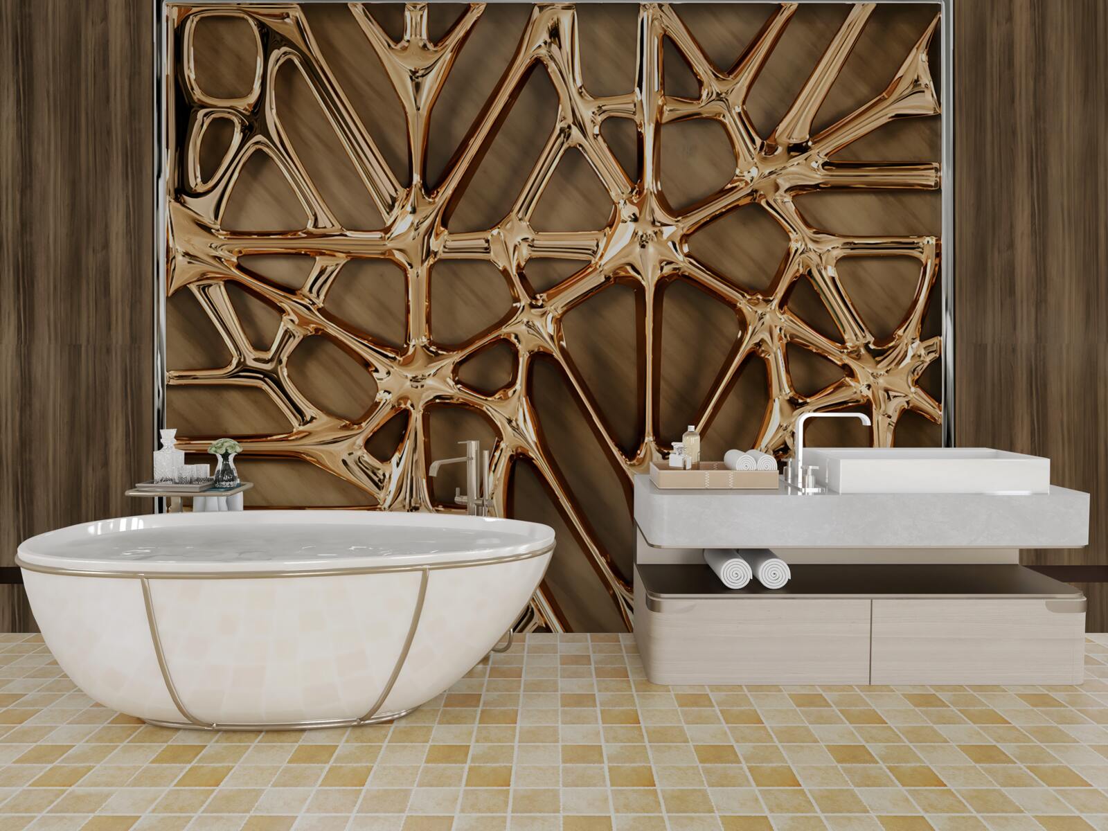 Fototapet linii aurii abstracte pe o suprafață de lemn