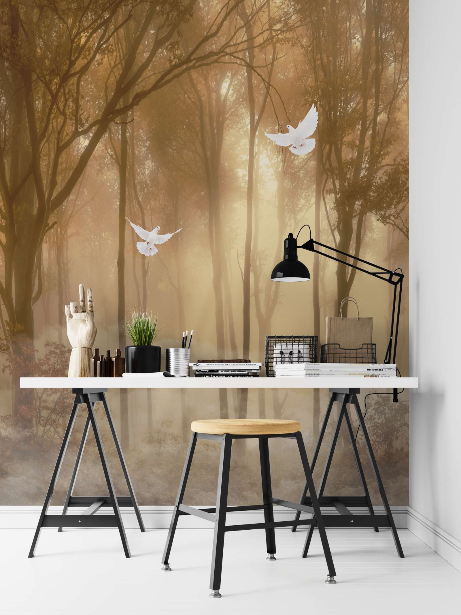 Fototapet porumbeii zburători taie acoperământul cețos