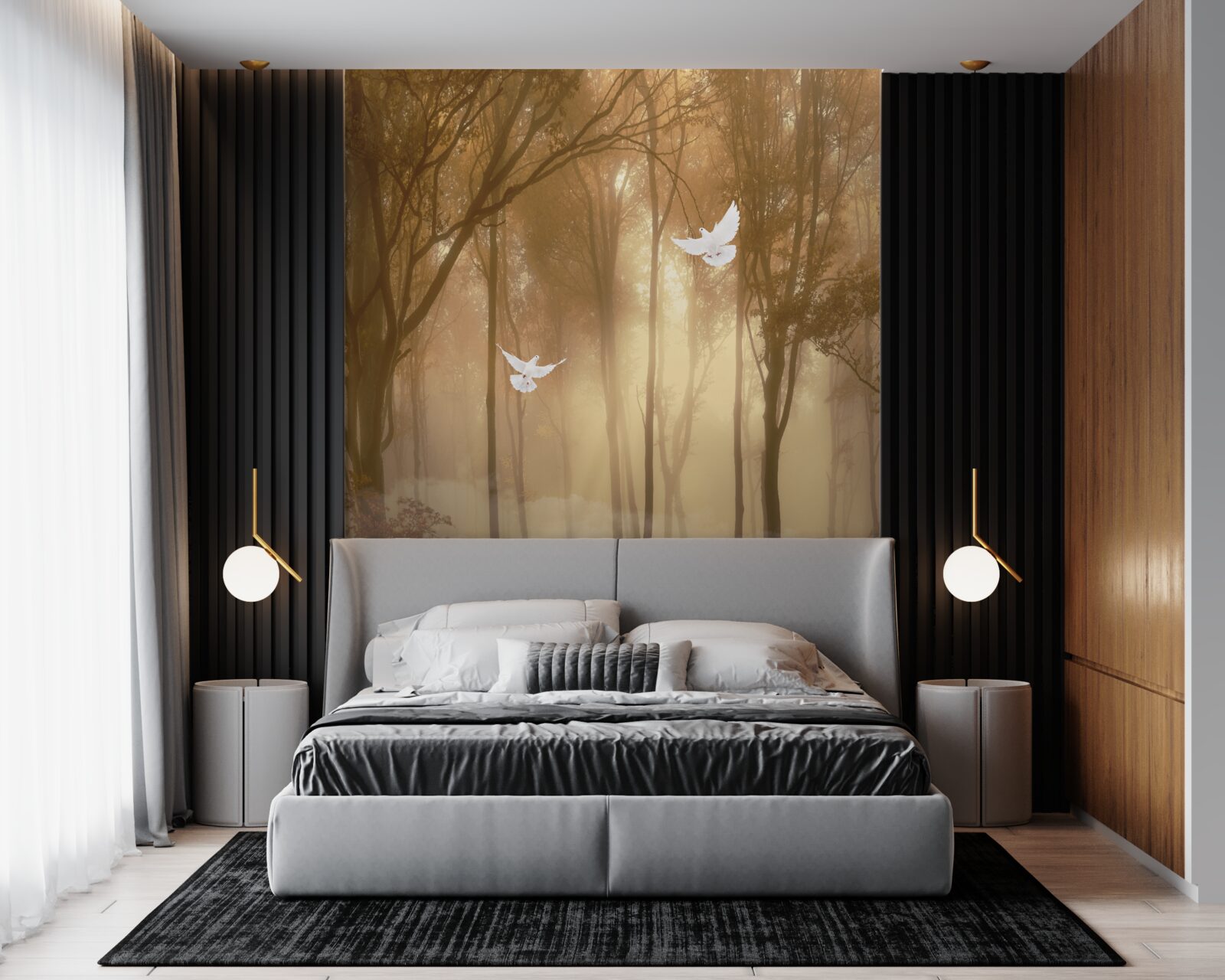 Fototapet porumbeii zburători taie acoperământul cețos