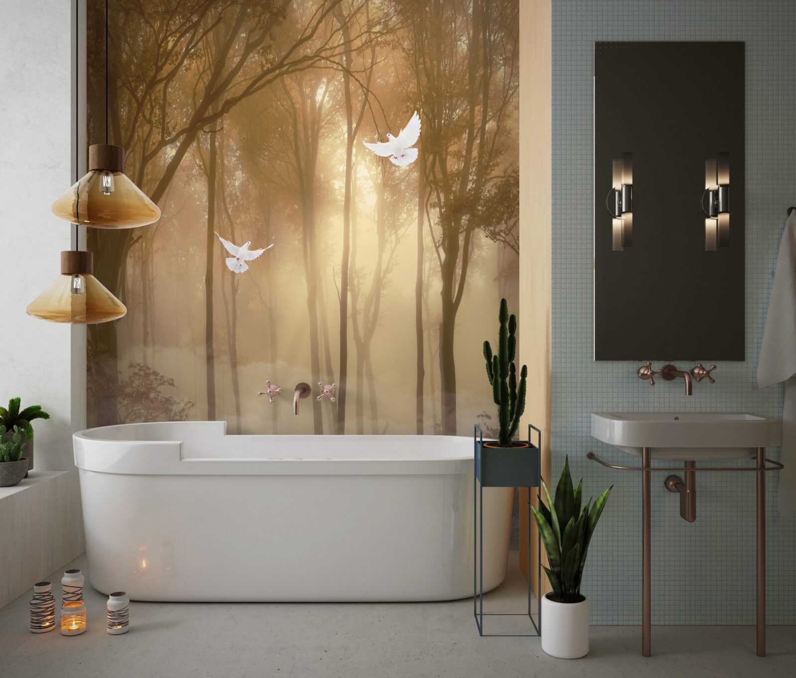 Fototapet porumbeii zburători taie acoperământul cețos