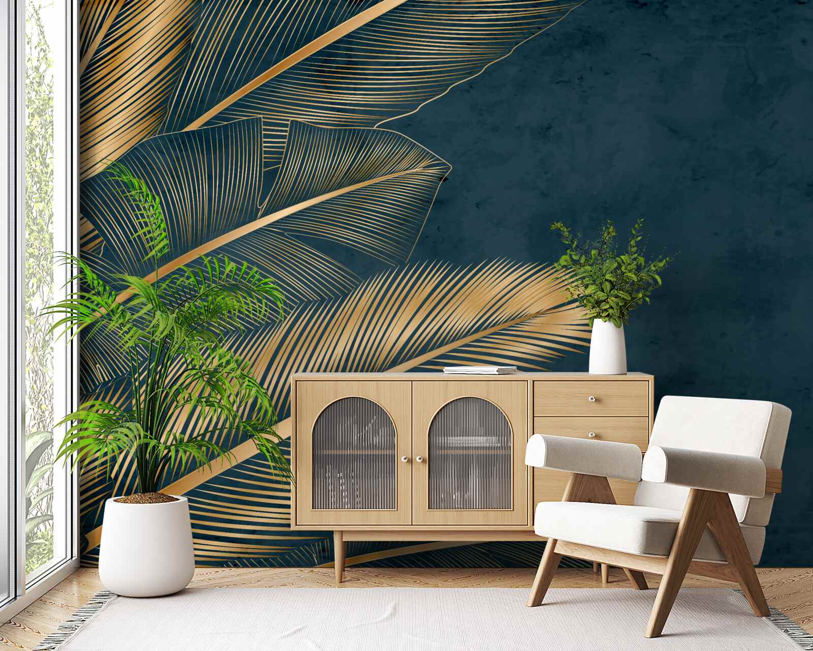 Fototapet noaptea frunzele de ferigă strălucesc de aur