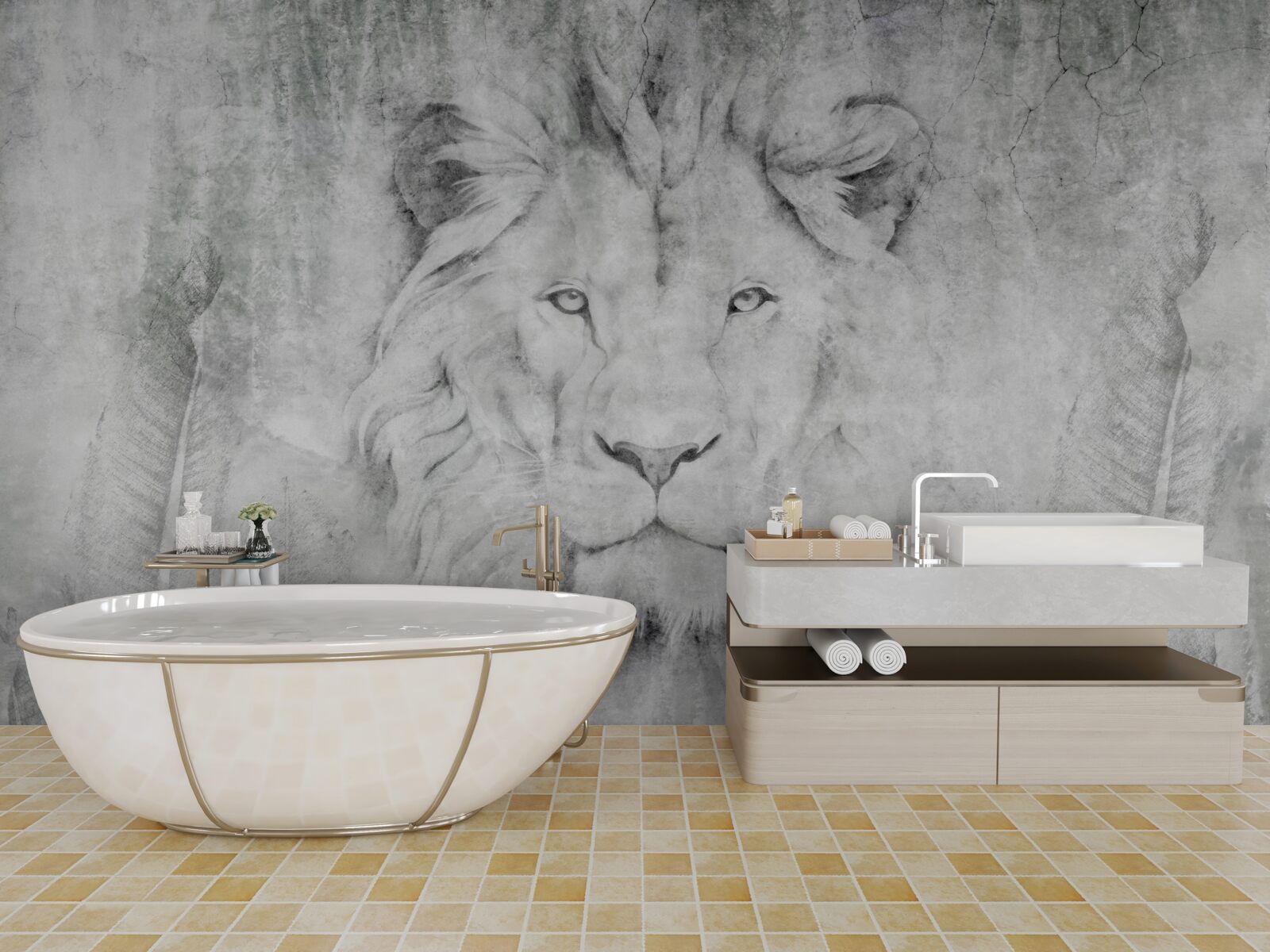 Fototapet viziunea unui leu într-o regiune tropicală