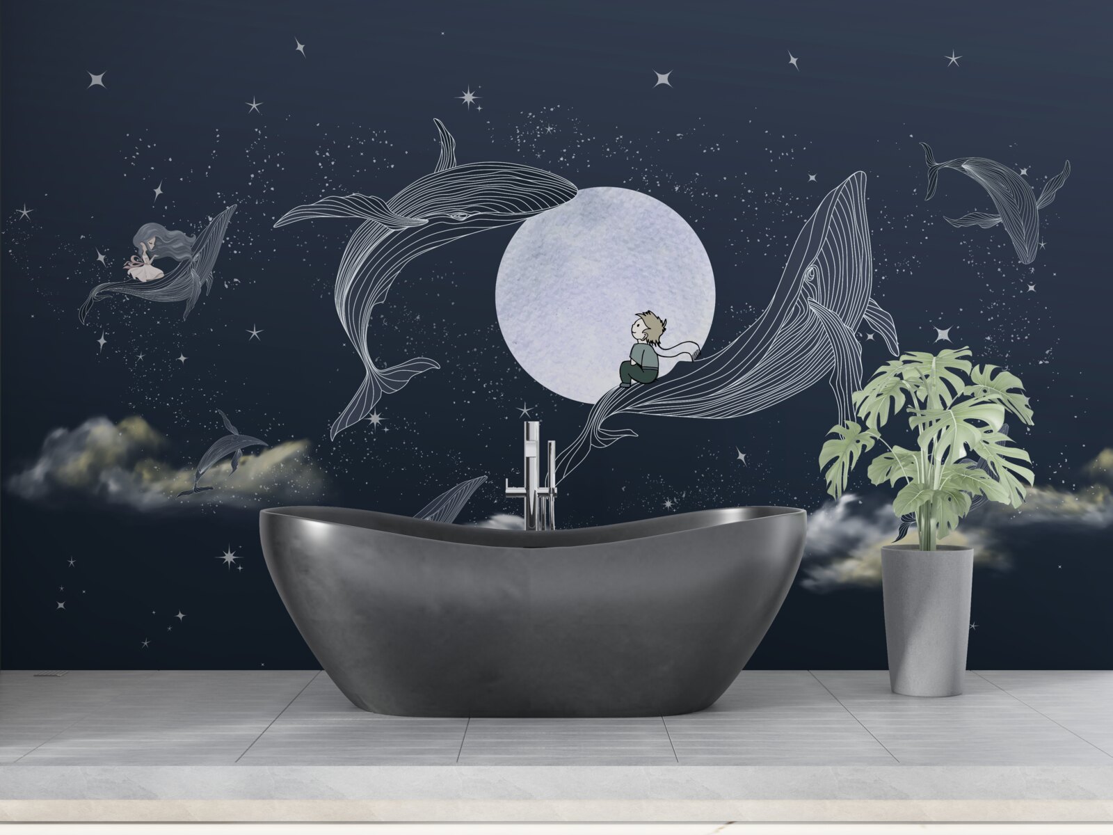 Fototapet balene noaptea sub lună