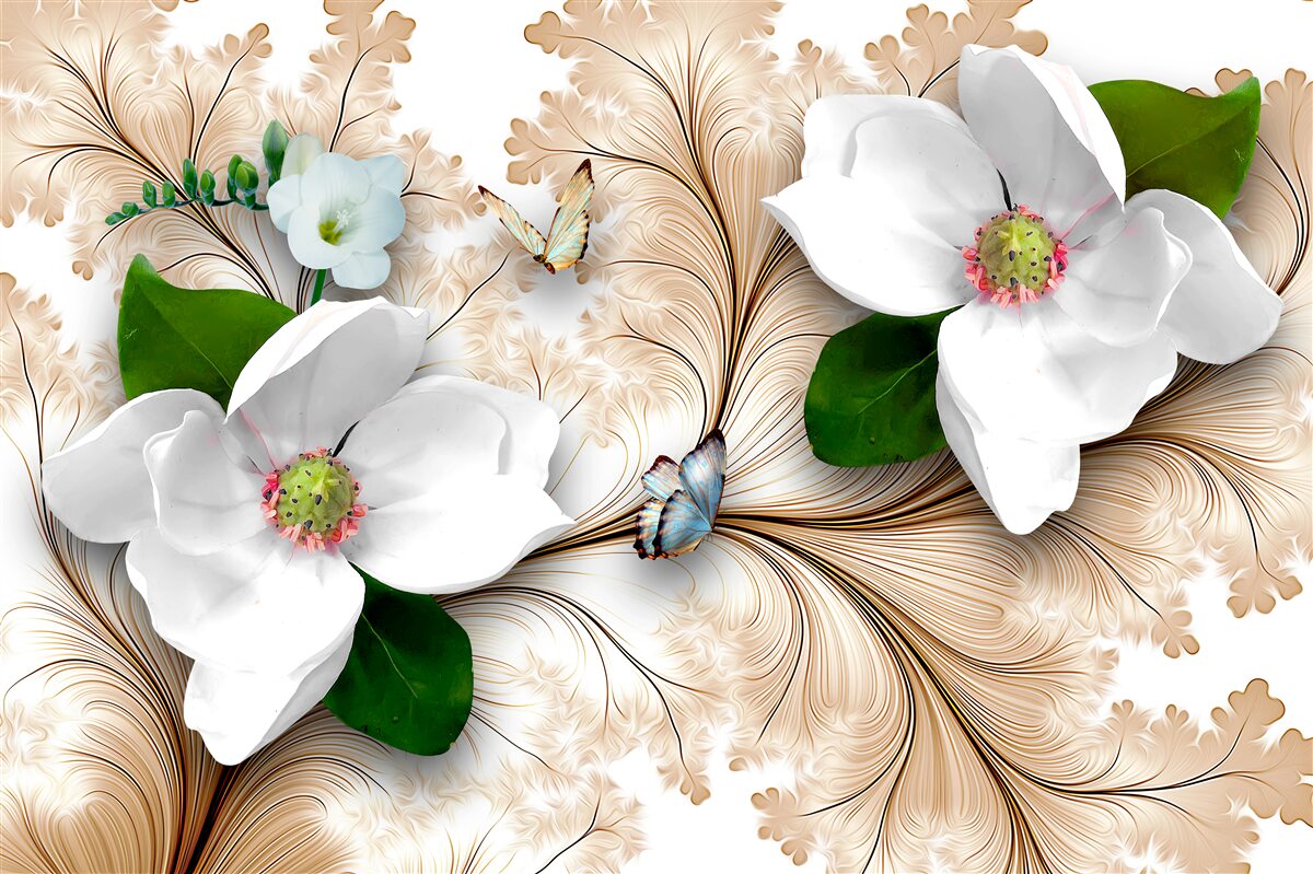 Fototapet flori strălucitoare albe ca zăpada pe un fundal maro