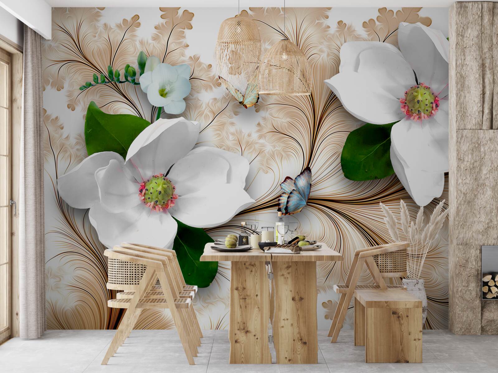 Fototapet flori strălucitoare albe ca zăpada pe un fundal maro