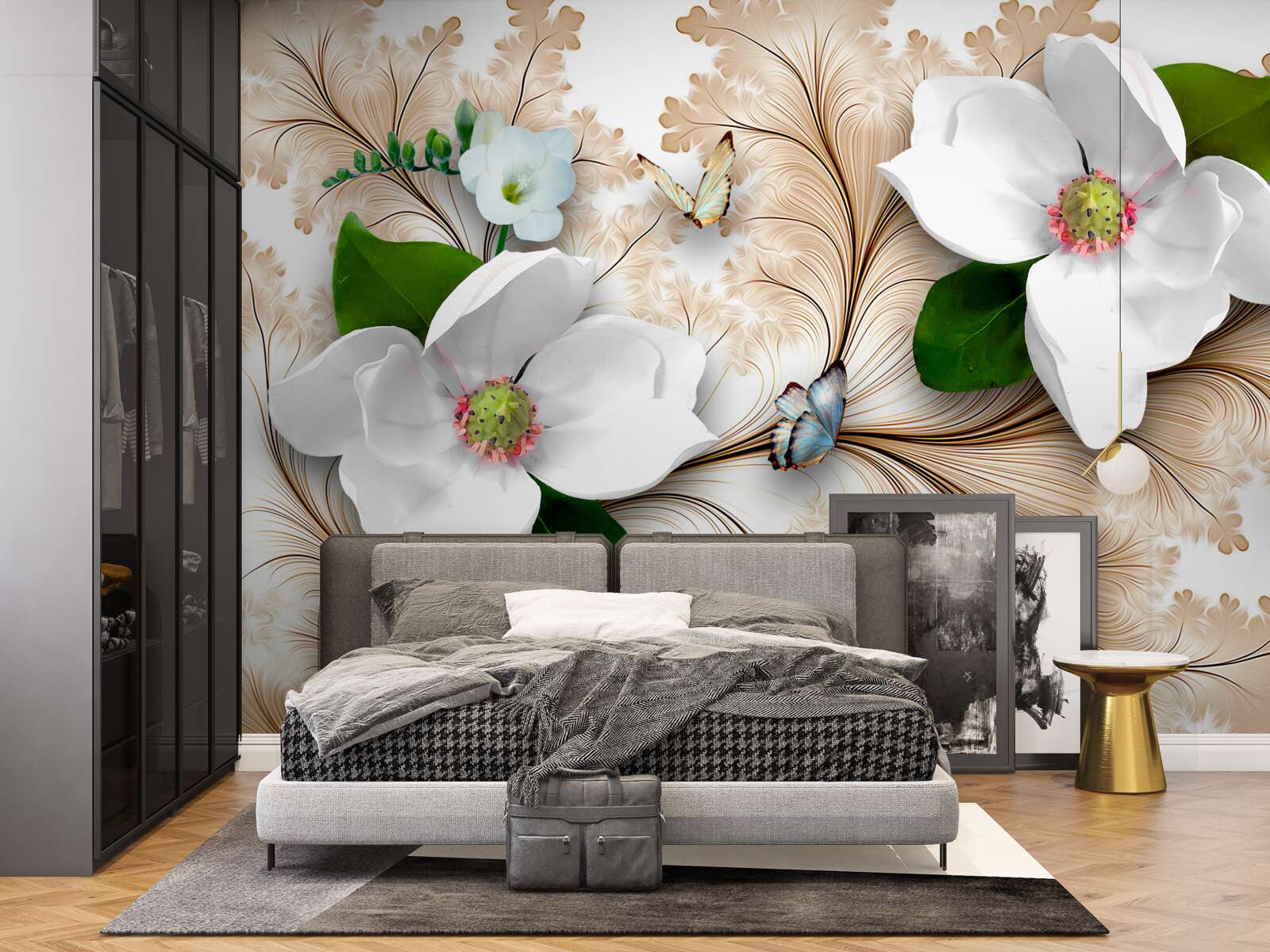 Fototapet flori strălucitoare albe ca zăpada pe un fundal maro