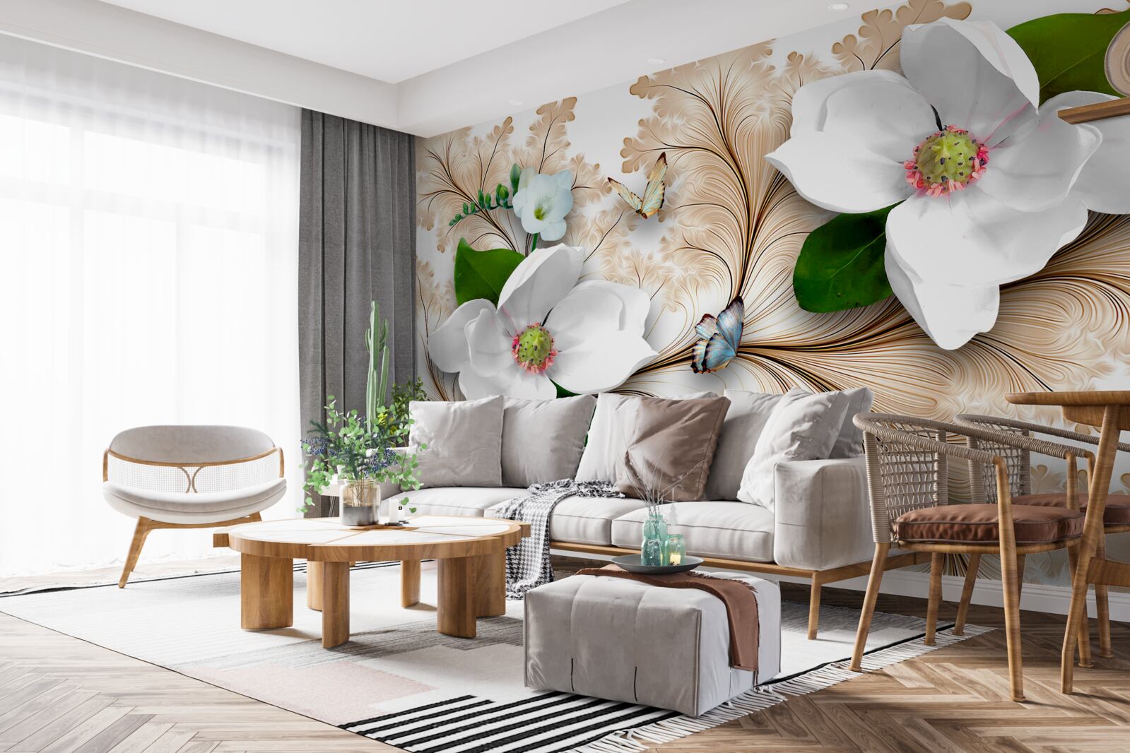 Fototapet flori strălucitoare albe ca zăpada pe un fundal maro