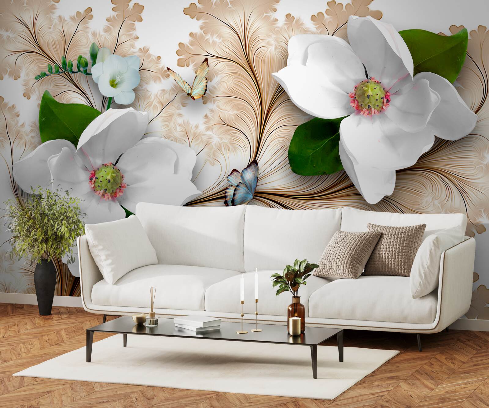 Fototapet flori strălucitoare albe ca zăpada pe un fundal maro