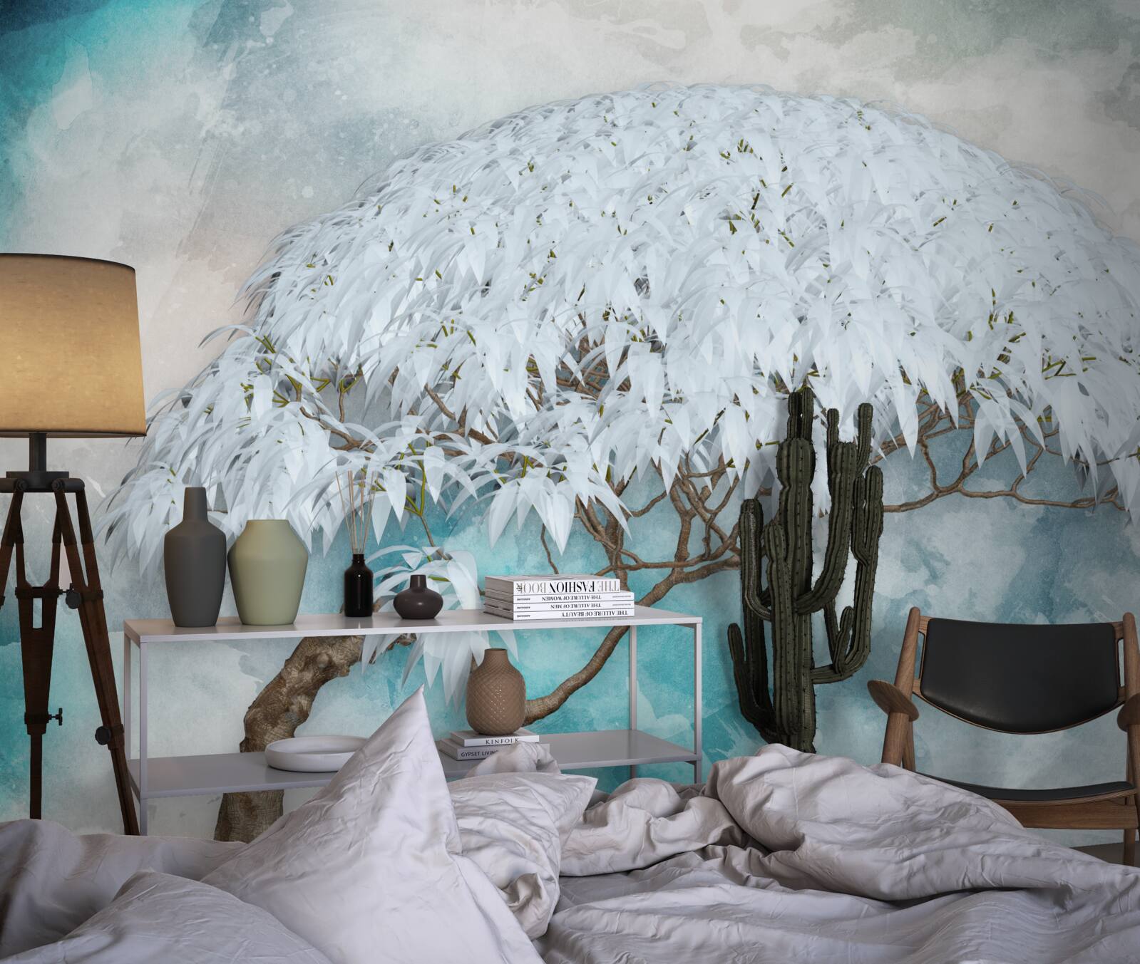 Fototapet sub acoperirea nopții se ascunde o ferigă luxuriantă albă ca zăpada