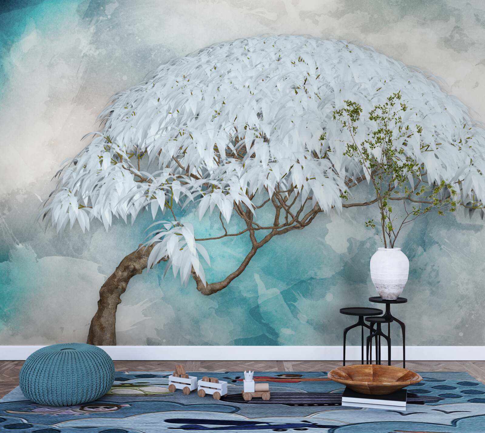 Fototapet sub acoperirea nopții se ascunde o ferigă luxuriantă albă ca zăpada