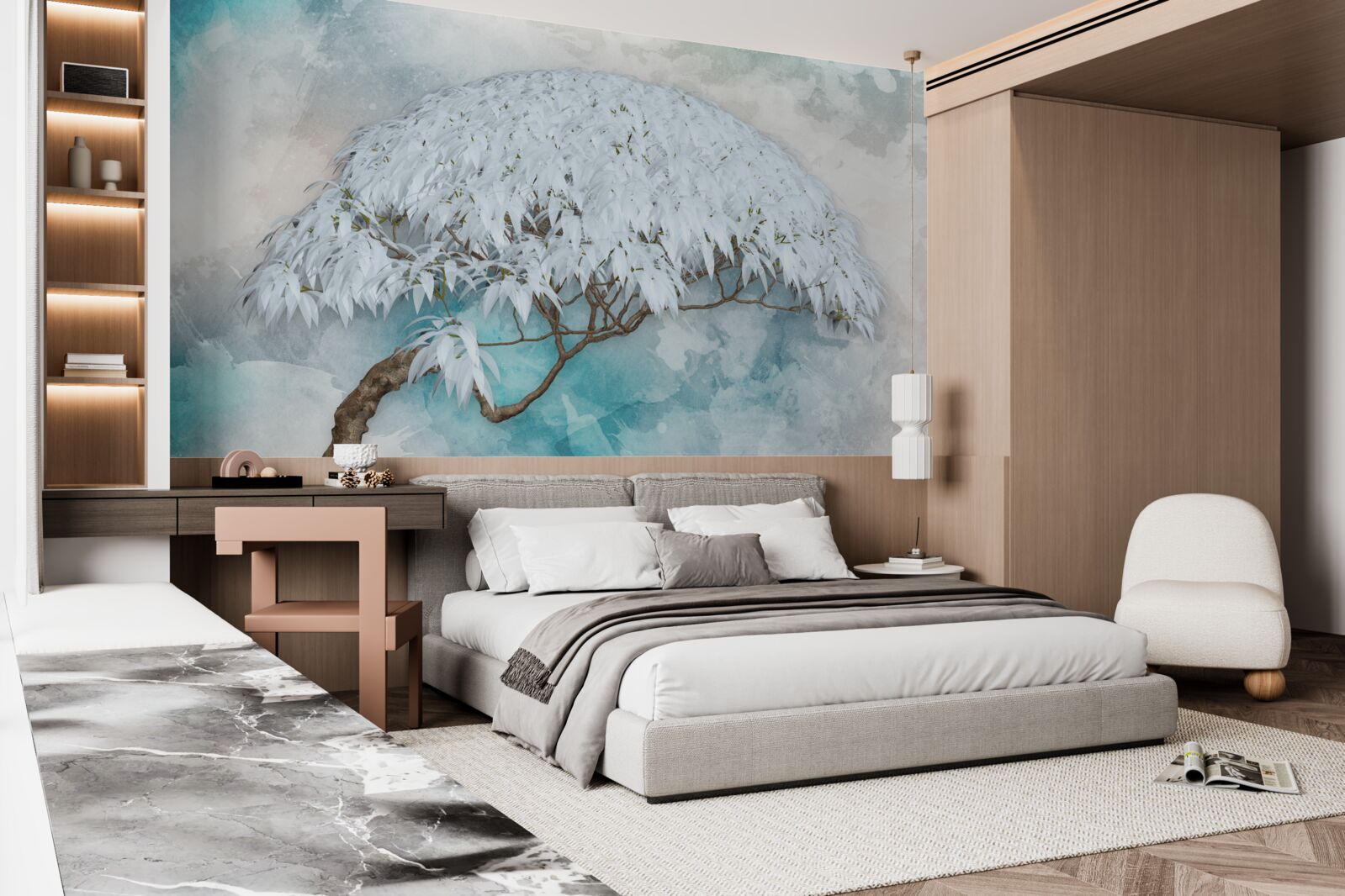 Fototapet sub acoperirea nopții se ascunde o ferigă luxuriantă albă ca zăpada