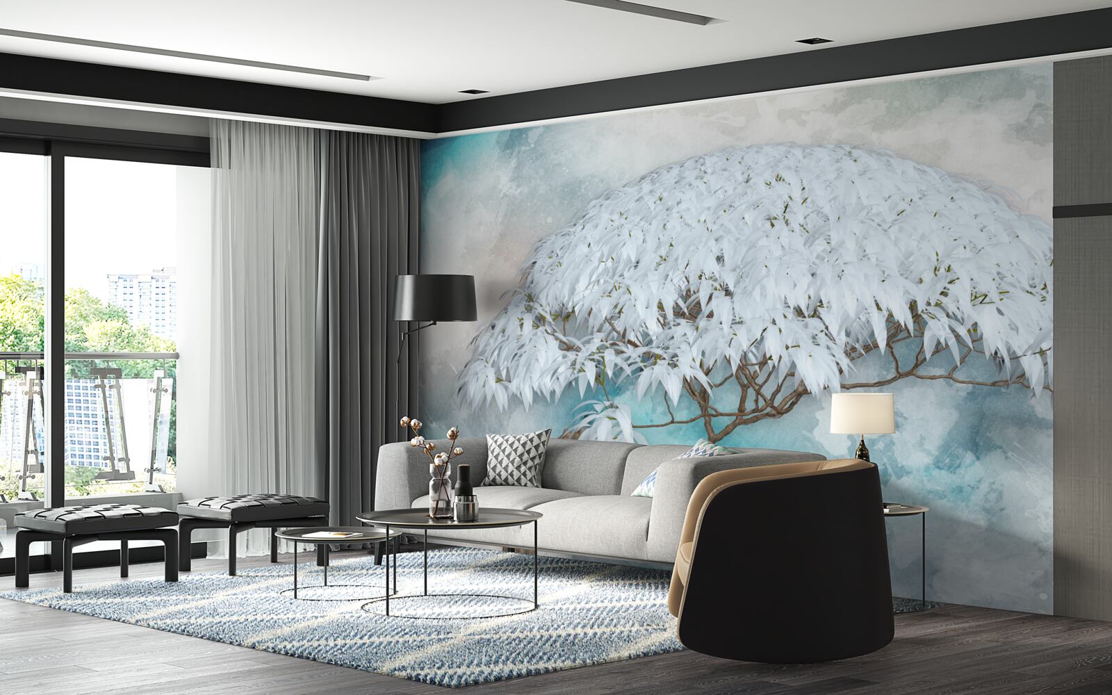 Fototapet sub acoperirea nopții se ascunde o ferigă luxuriantă albă ca zăpada