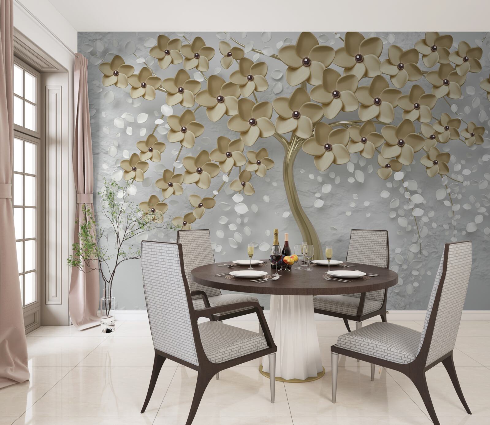 Fototapet copac presărat cu flori aurii