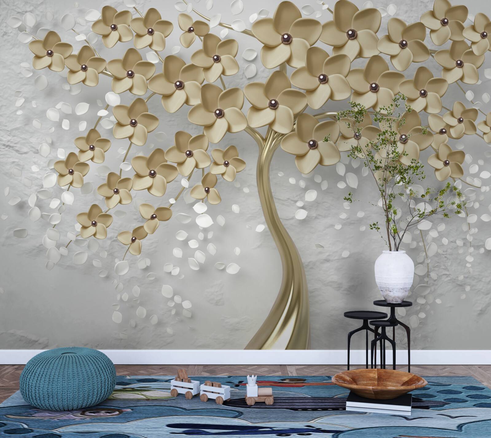 Fototapet copac presărat cu flori aurii