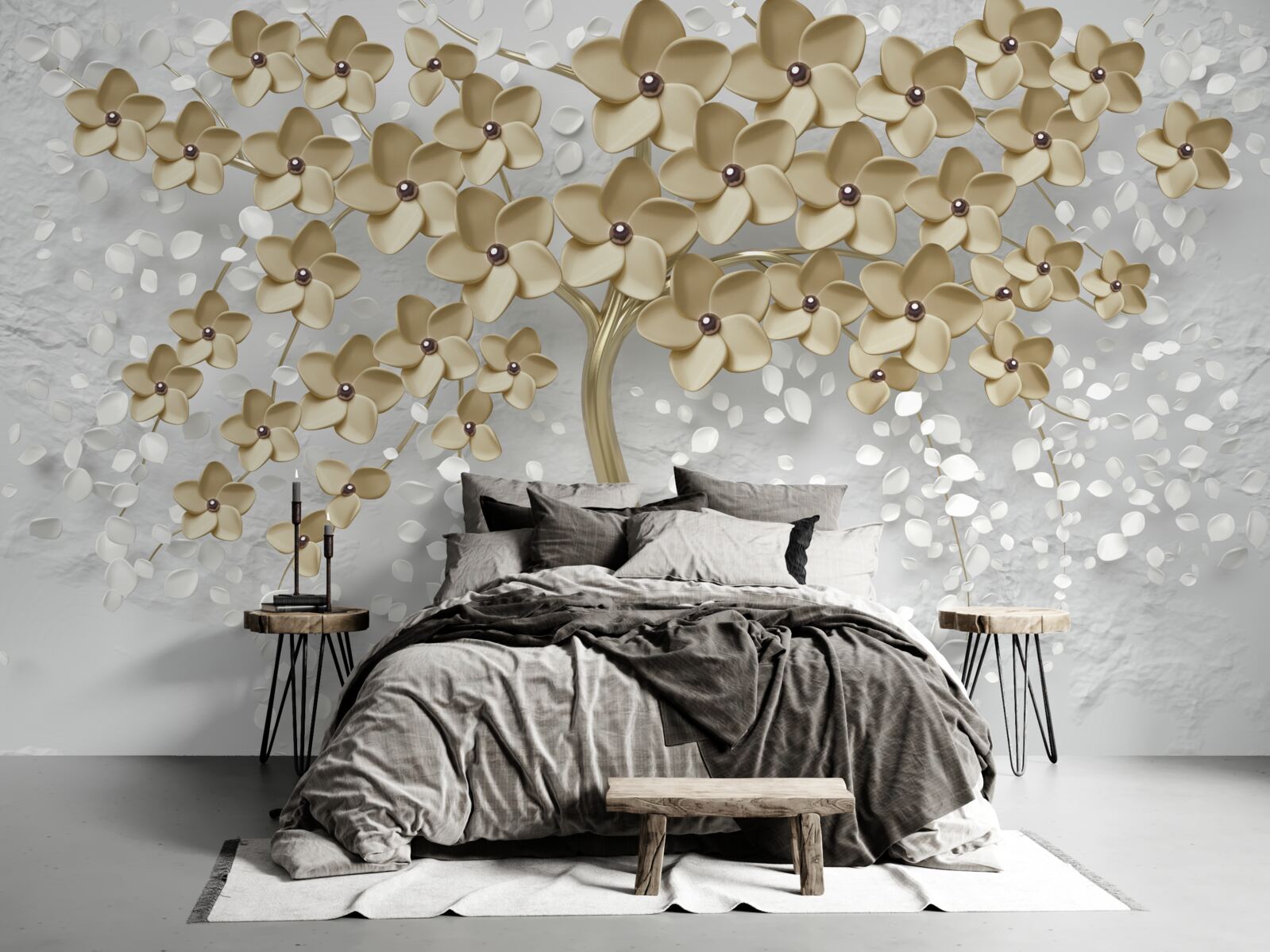 Fototapet copac presărat cu flori aurii