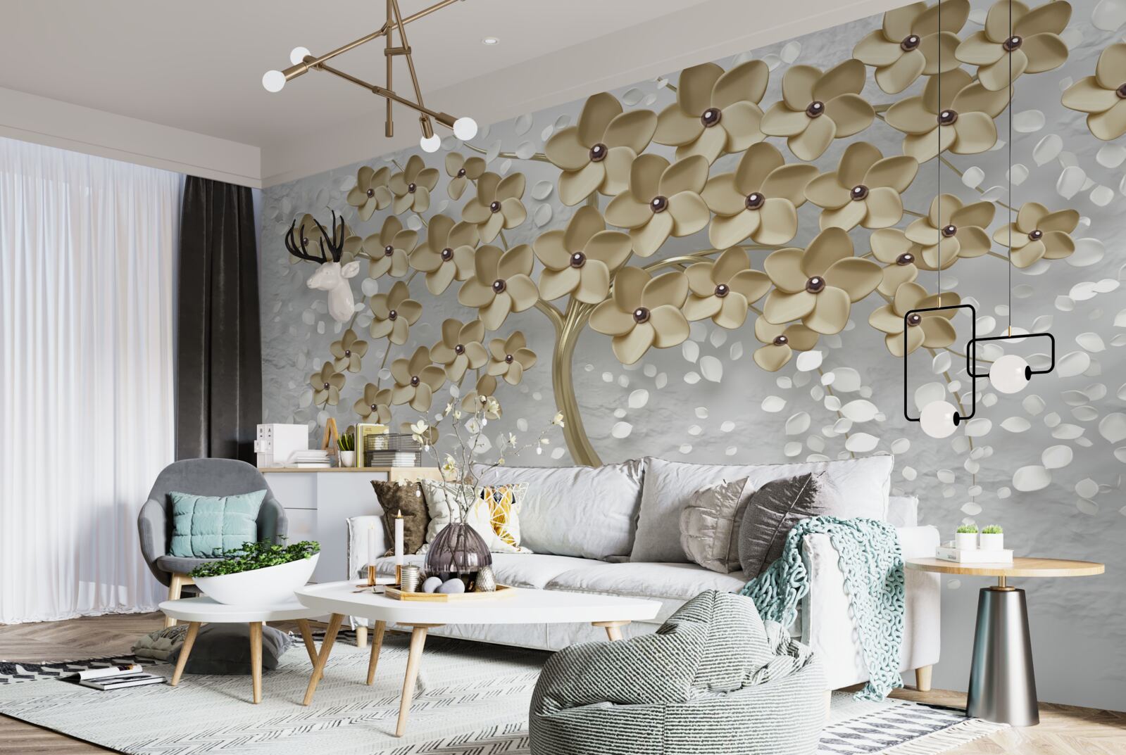 Fototapet copac presărat cu flori aurii