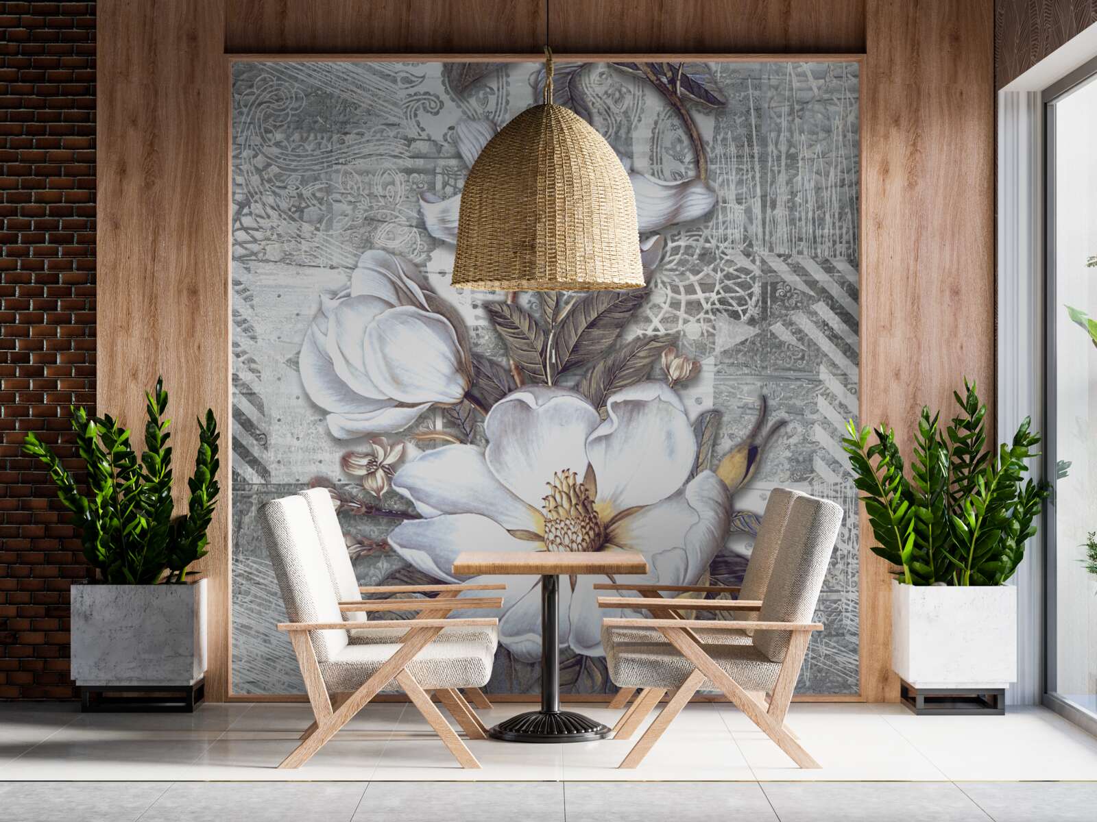 Fototapet flori albe mari pe un fundal de modele abstracte