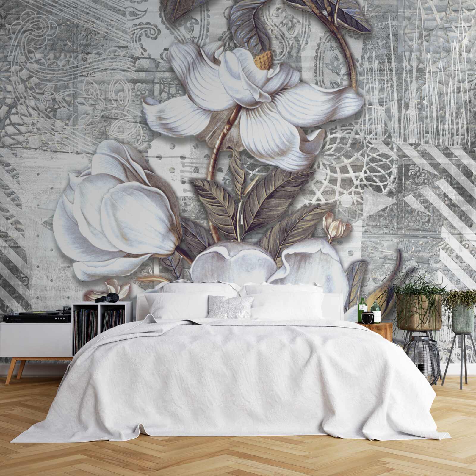 Fototapet flori albe mari pe un fundal de modele abstracte