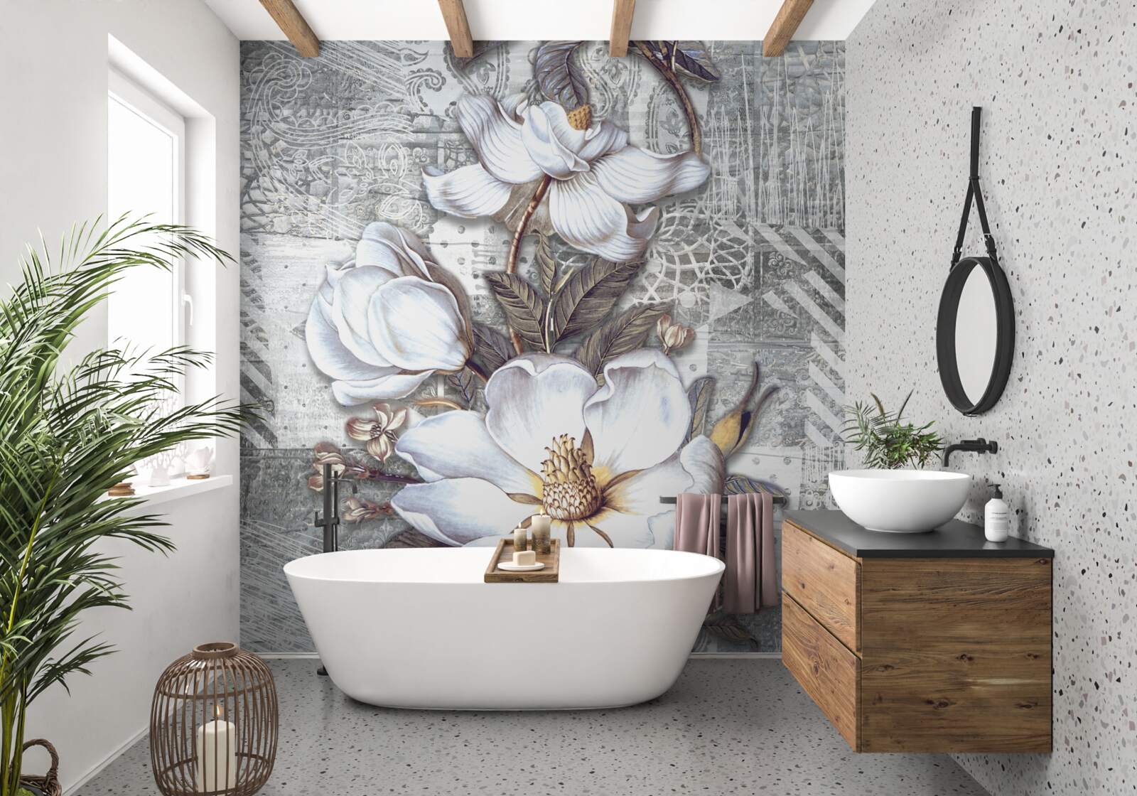 Fototapet flori albe mari pe un fundal de modele abstracte