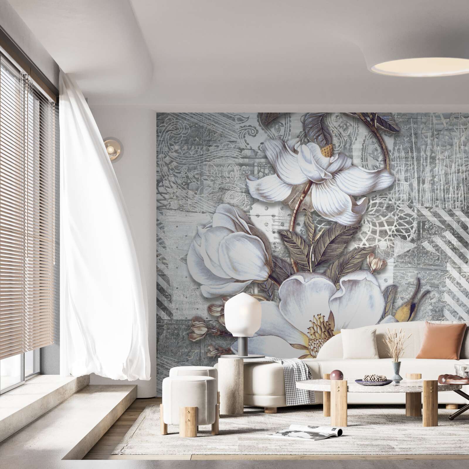 Fototapet flori albe mari pe un fundal de modele abstracte