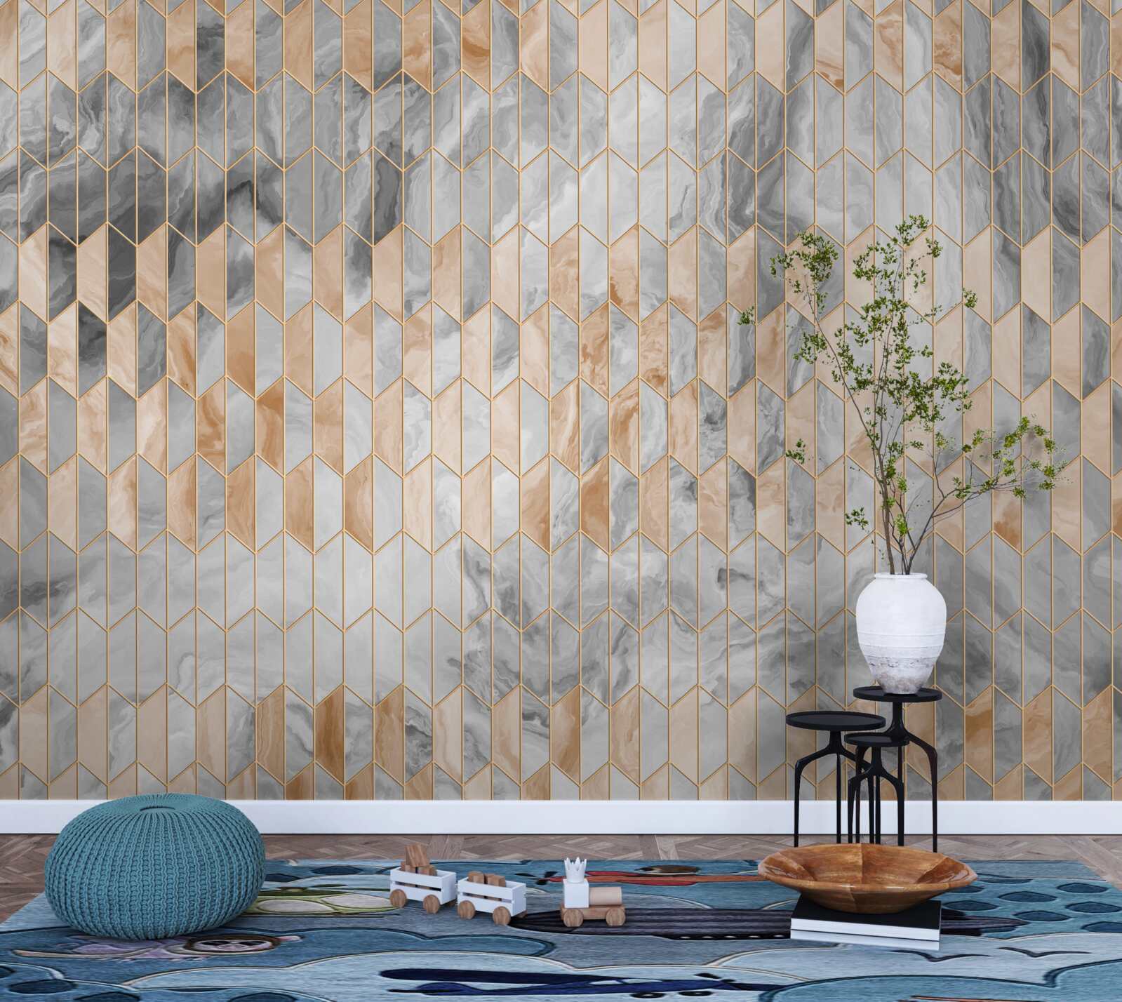 Fototapet compoziție geometrică auriu-gri pe o suprafață de marmură