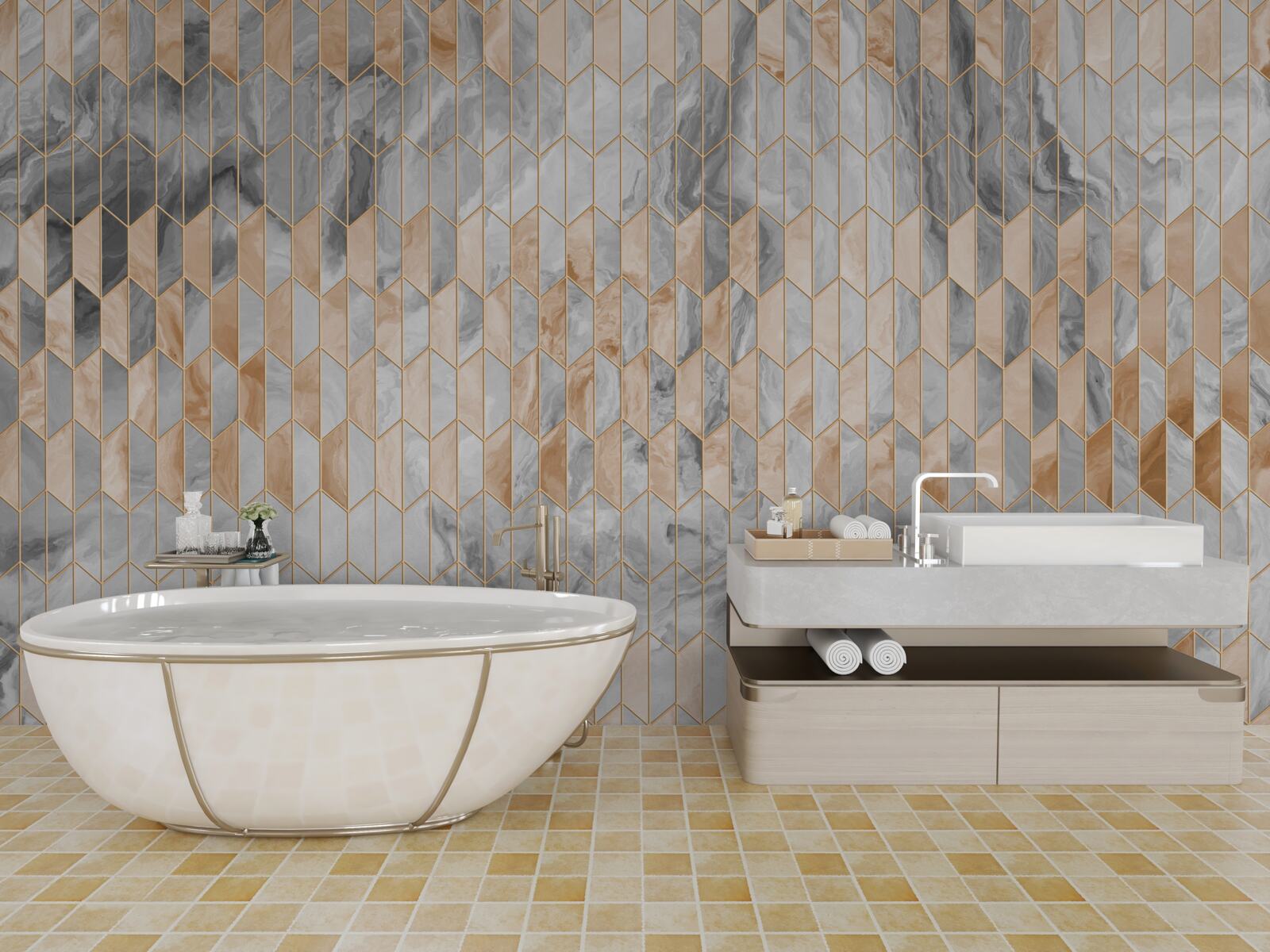 Fototapet compoziție geometrică auriu-gri pe o suprafață de marmură