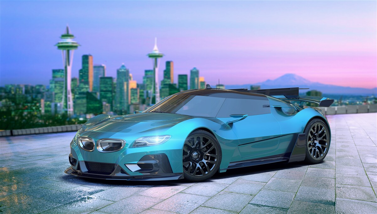 Fototapet mașină sport albastră împotriva orizontului orașului