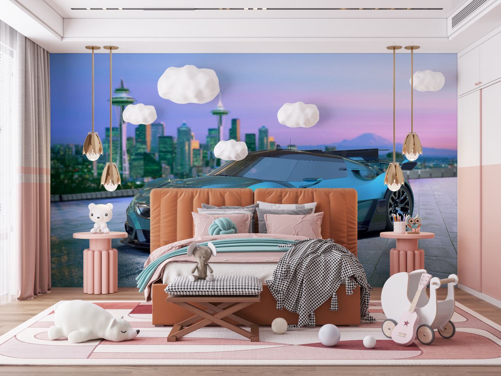 Fototapet mașină sport albastră împotriva orizontului orașului