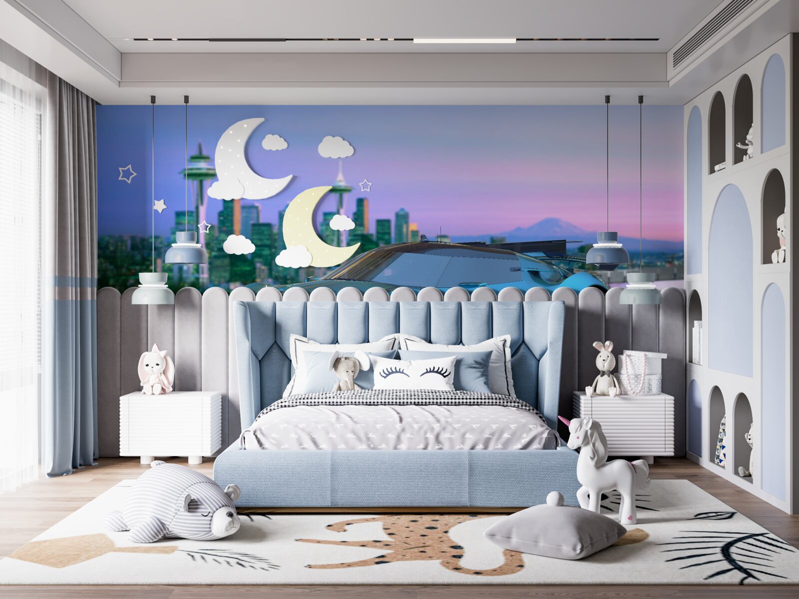 Fototapet mașină sport albastră împotriva orizontului orașului