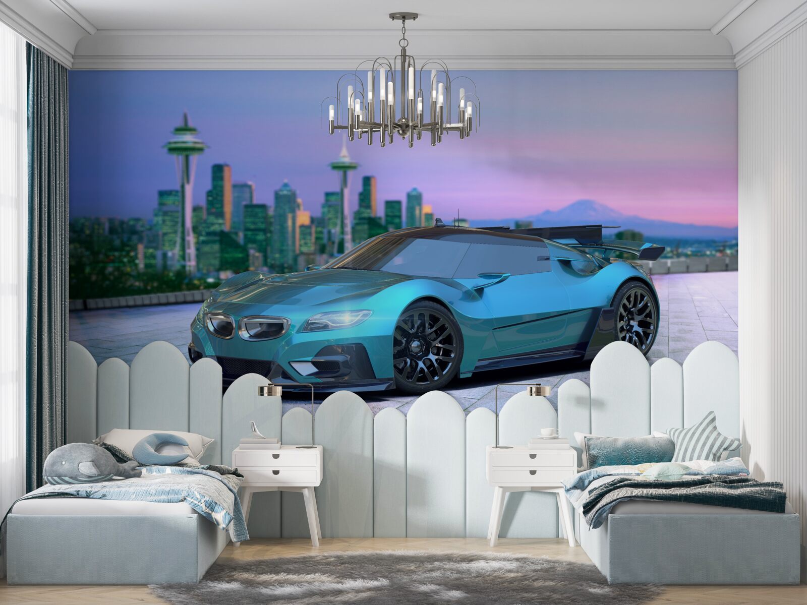 Fototapet mașină sport albastră împotriva orizontului orașului