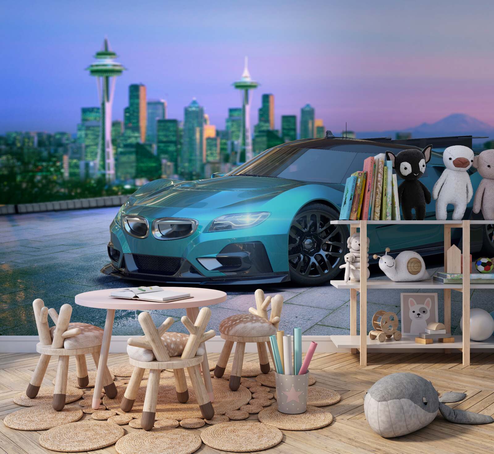 Fototapet mașină sport albastră împotriva orizontului orașului