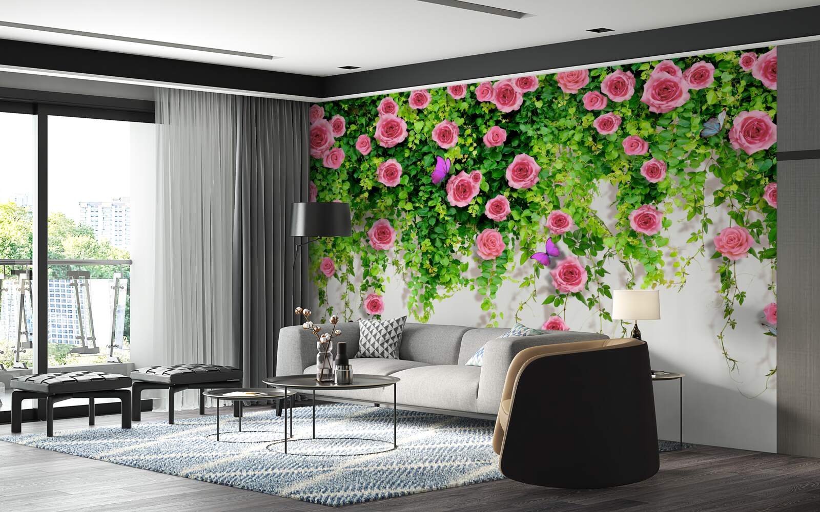 Fototapet trandafiri arbustivi cu o culoare roz bogat