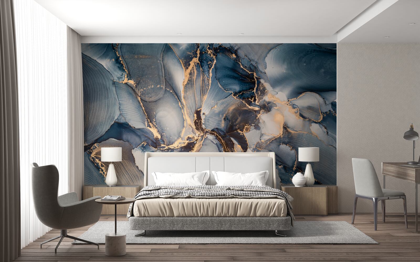 Fototapet marmură în nuanțe bogate de albastru și auriu
