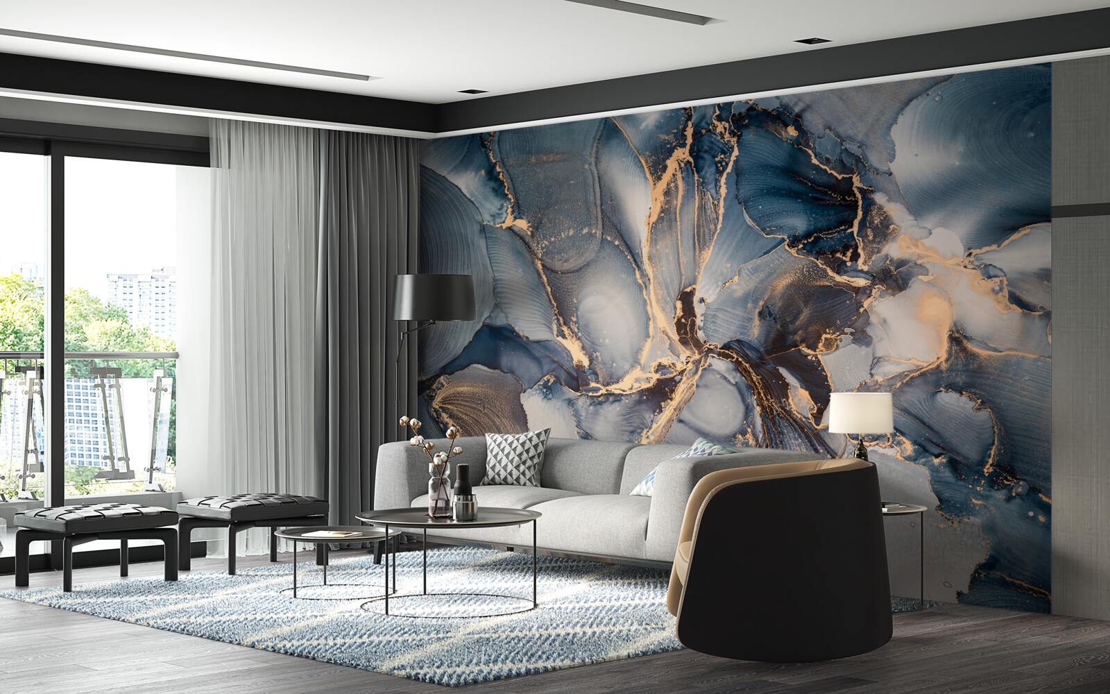 Fototapet marmură în nuanțe bogate de albastru și auriu