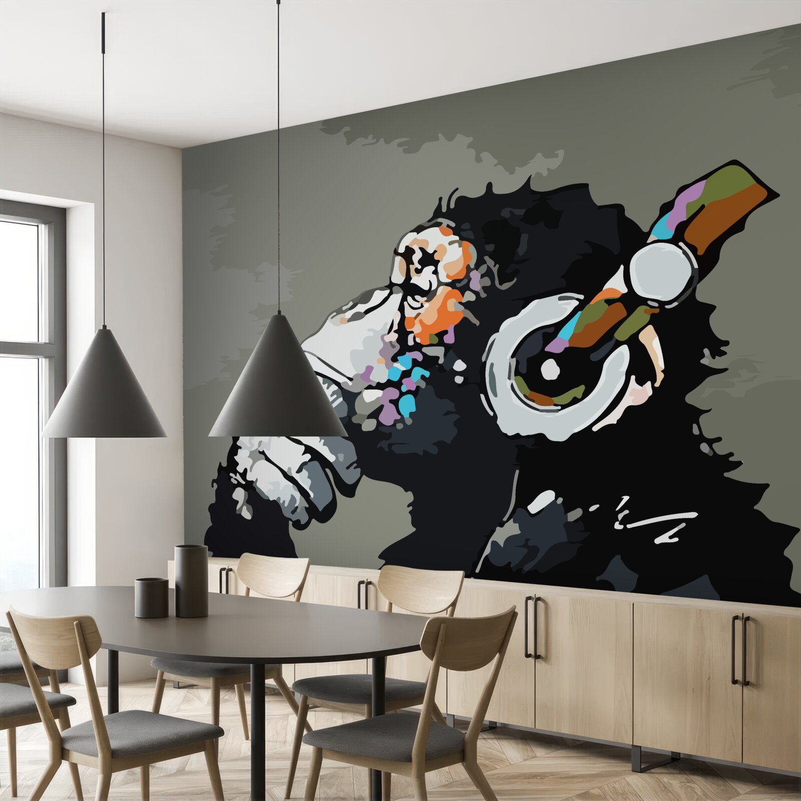 Fototapet macac cu căști