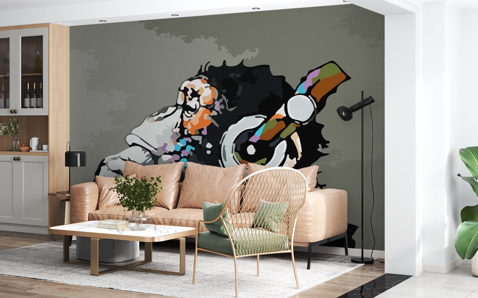 Fototapet macac cu căști