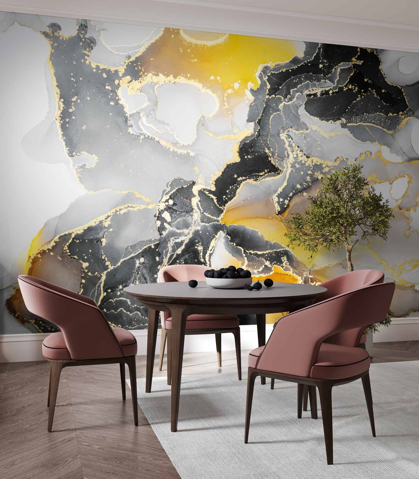 Fototapet model închis și auriu pe marmură gri