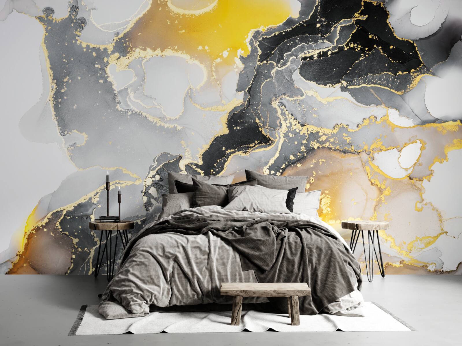 Fototapet model închis și auriu pe marmură gri