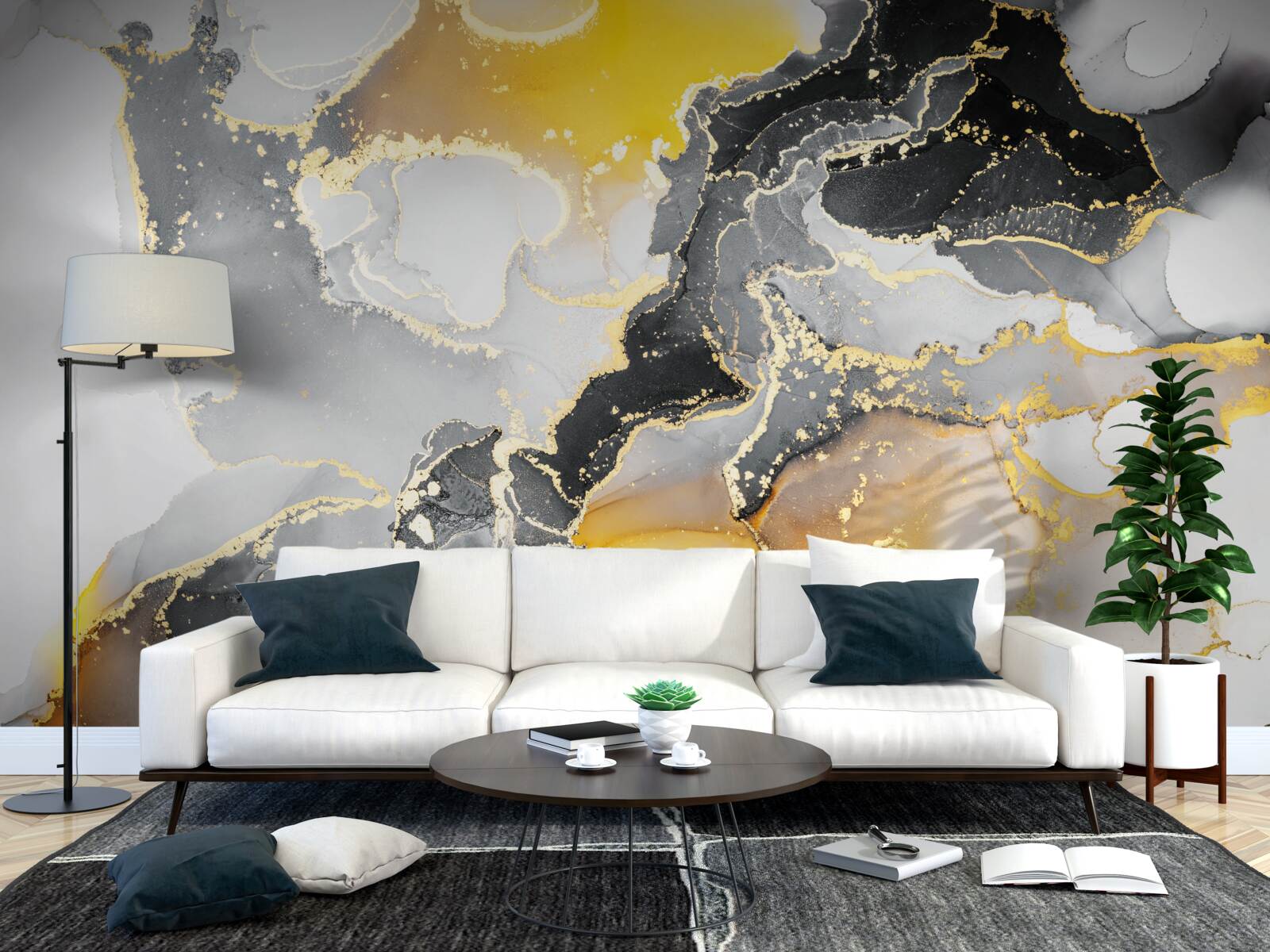 Fototapet model închis și auriu pe marmură gri