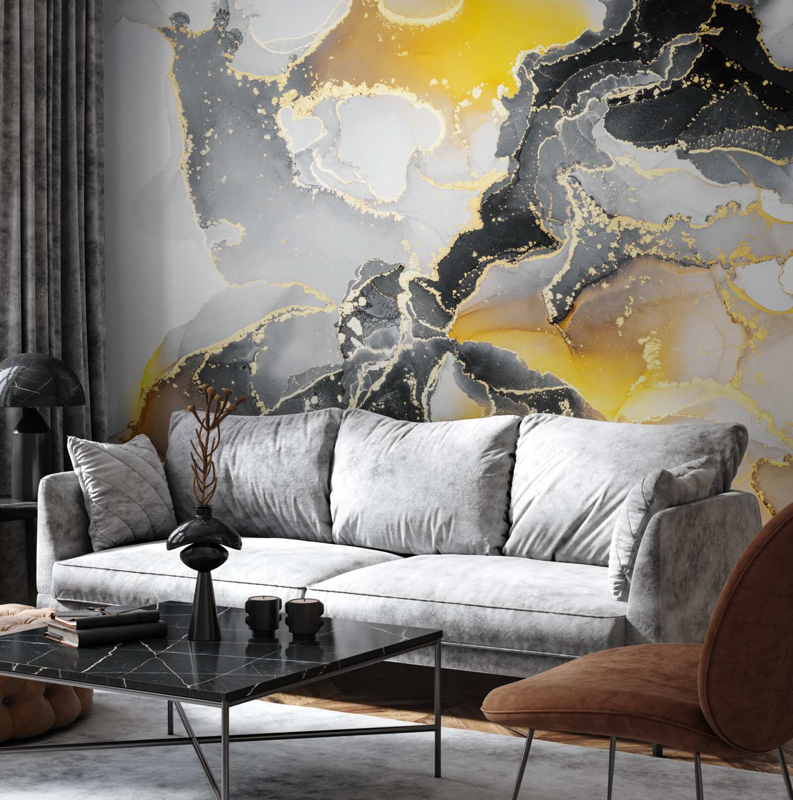 Fototapet model închis și auriu pe marmură gri