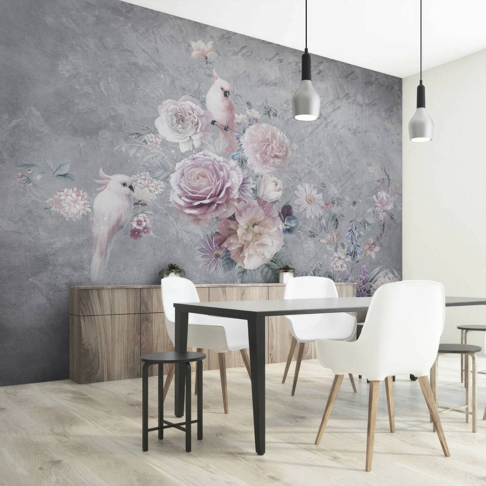 Fototapet buchet completat de compoziții de papagali